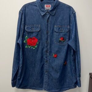 Wrangler Rose Patched Vintage Denim Western Button Down Long Sleeve Shirt Size L